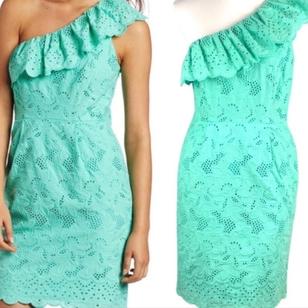 Eliza J Teal One Shoulder Ruffled Eyelet Sheath Midi Dress With Pockets, Size 6